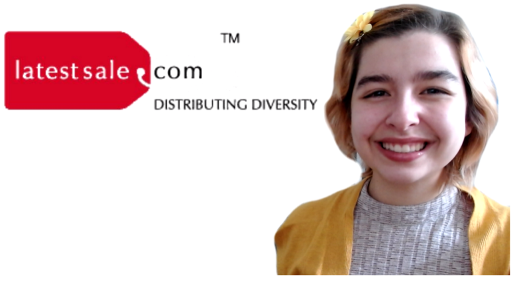 Girl smiling in front of a latest sale.com distrubuting diversity Zoom logo background. 