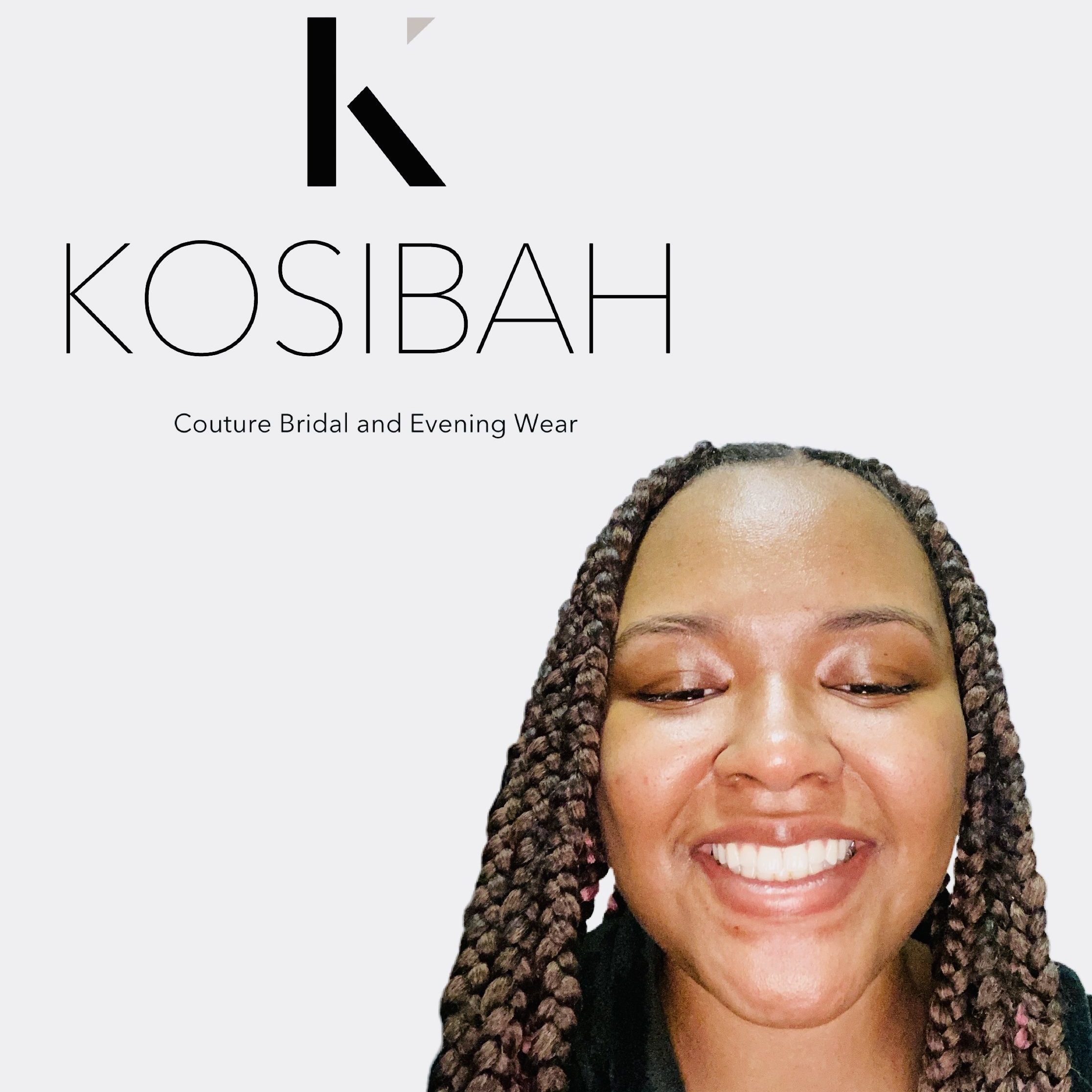 woman in black top with braids smiling in front of Kosibah logo